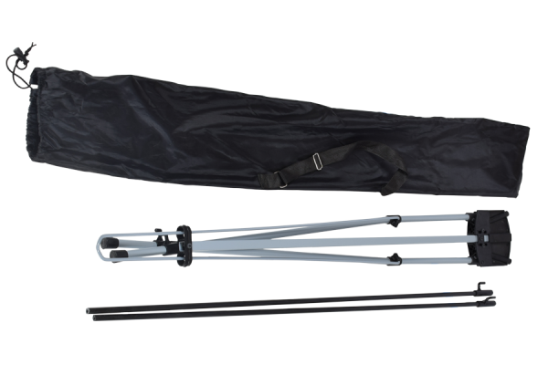 Portable X-stand banner with UV-printed graphic and travel bag