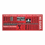 CrossFit-style fitness guide poster in red with 100 motivational fitness terms.