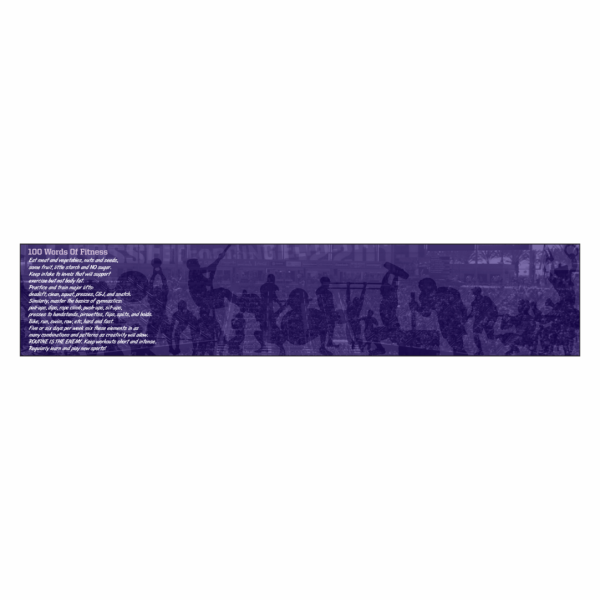 Blue motivational gym banner featuring the 100 Words of Fitness