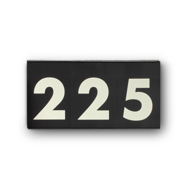 Black flipbook scoreboard displaying the number 225 in large white numerals.