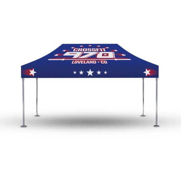 Custom 15ft event tent with frame, graphic, and upgrade options