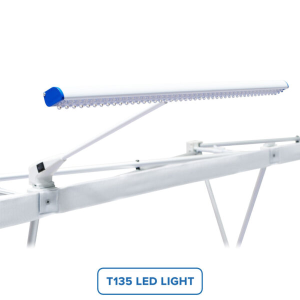 Mounted T135 LED light illuminating USAW backdrop frame.
