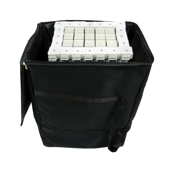 Folded backdrop frame stored neatly in black nylon carry bag.