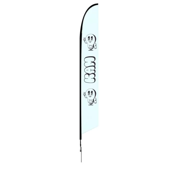 Tall angled feather flag with cartoon character and "KAM" text on light background.