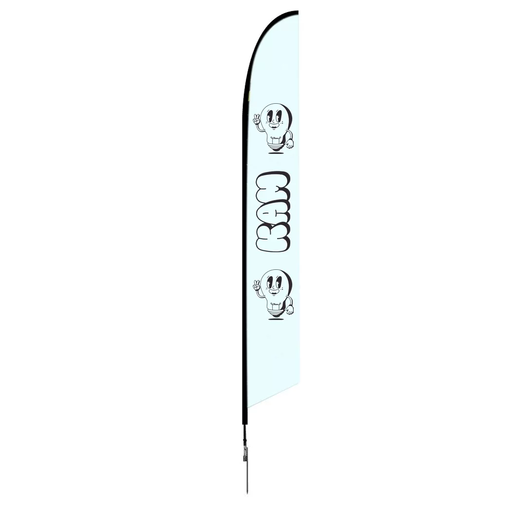Tall angled feather flag with cartoon character and "KAM" text on light background.