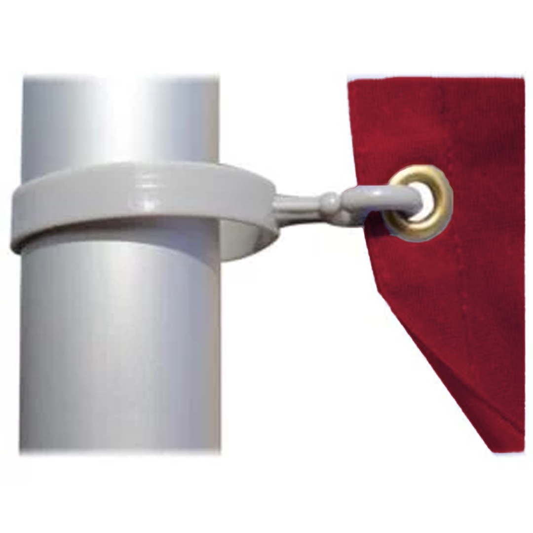 Close-up of flagpole ring clip securing a red banner grommet