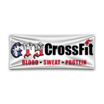 Custom gym banner for GTS CrossFit with "Blood Sweat Protein" tagline