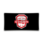TZ Strength banner with bold red shield and white logo