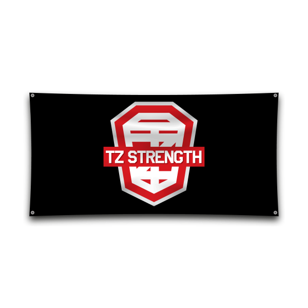 TZ Strength banner with bold red shield and white logo