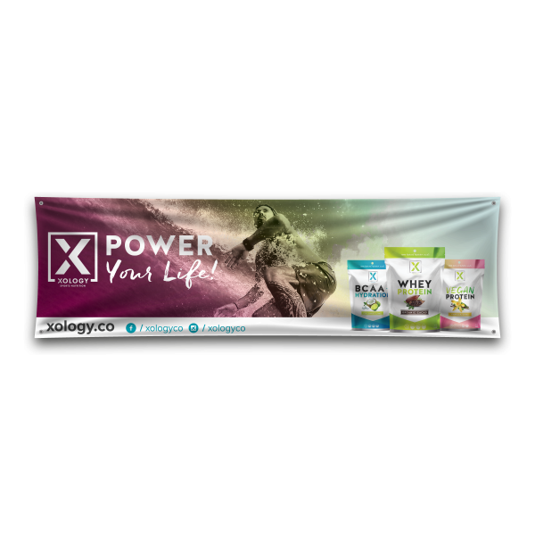 Xology sports nutrition banner with surfer and product lineup