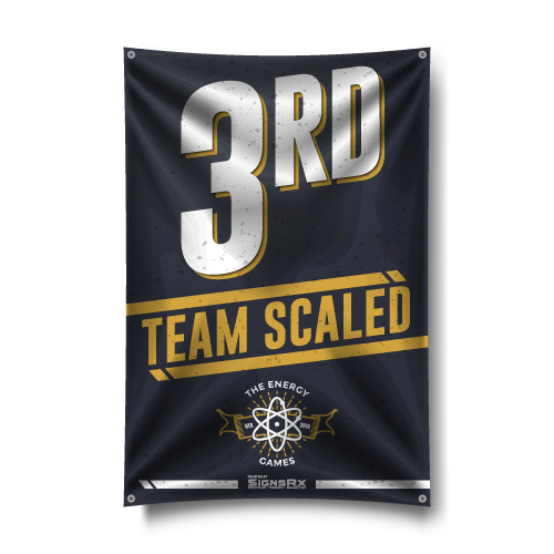 Printed podium banners showcasing sponsors and prize placements