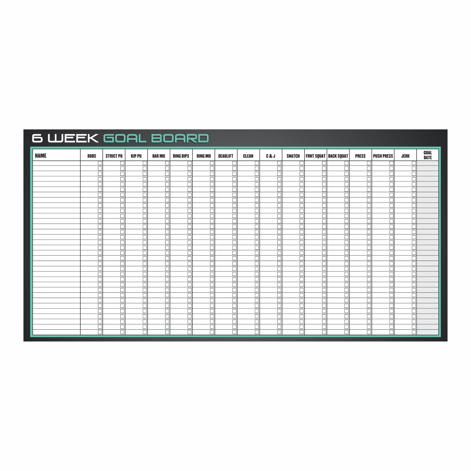 6-week goal chart whiteboard for tracking fitness progress and milestones