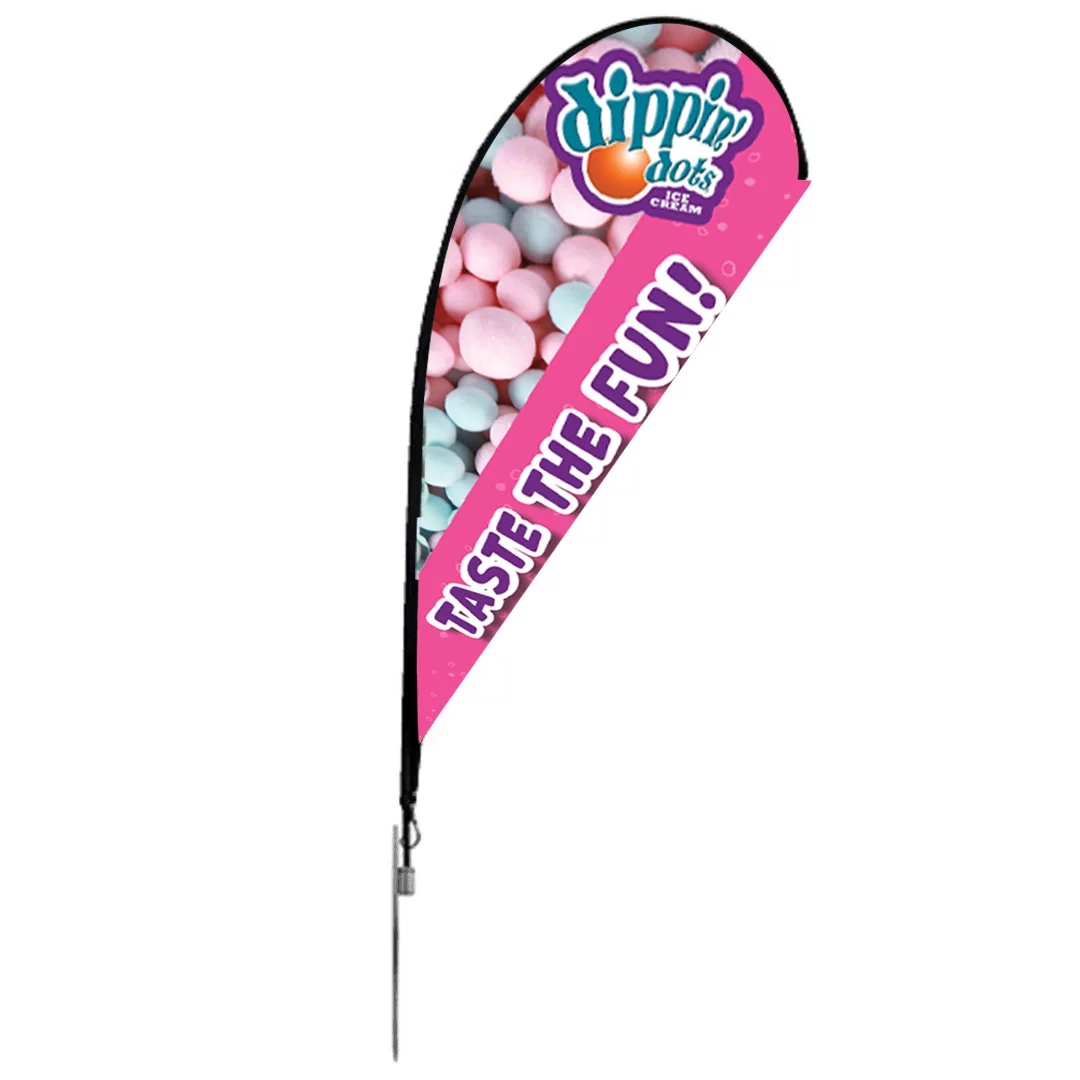 Teardrop banner with Dippin' Dots branding and colorful design