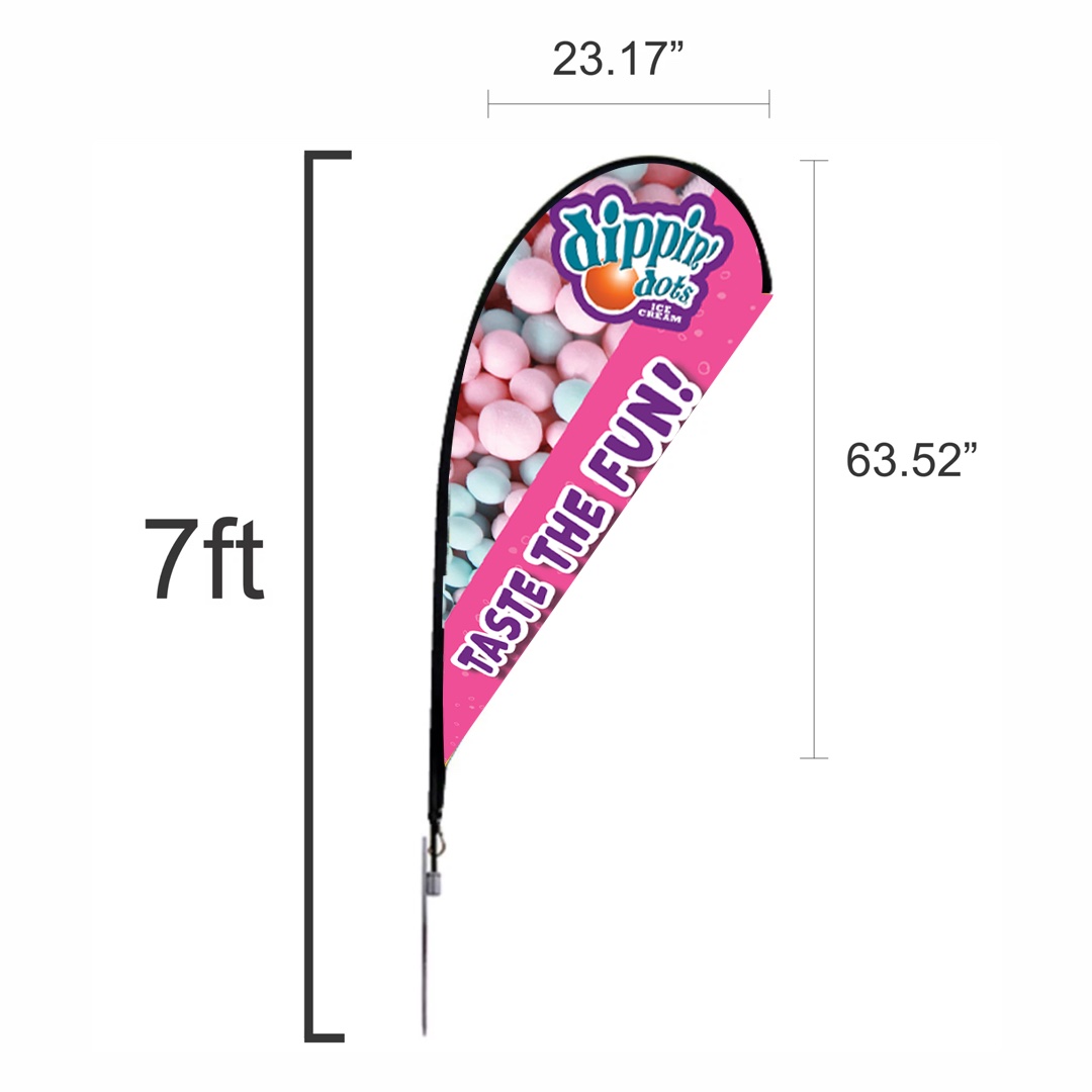 Teardrop banner with Dippin' Dots branding and colorful design