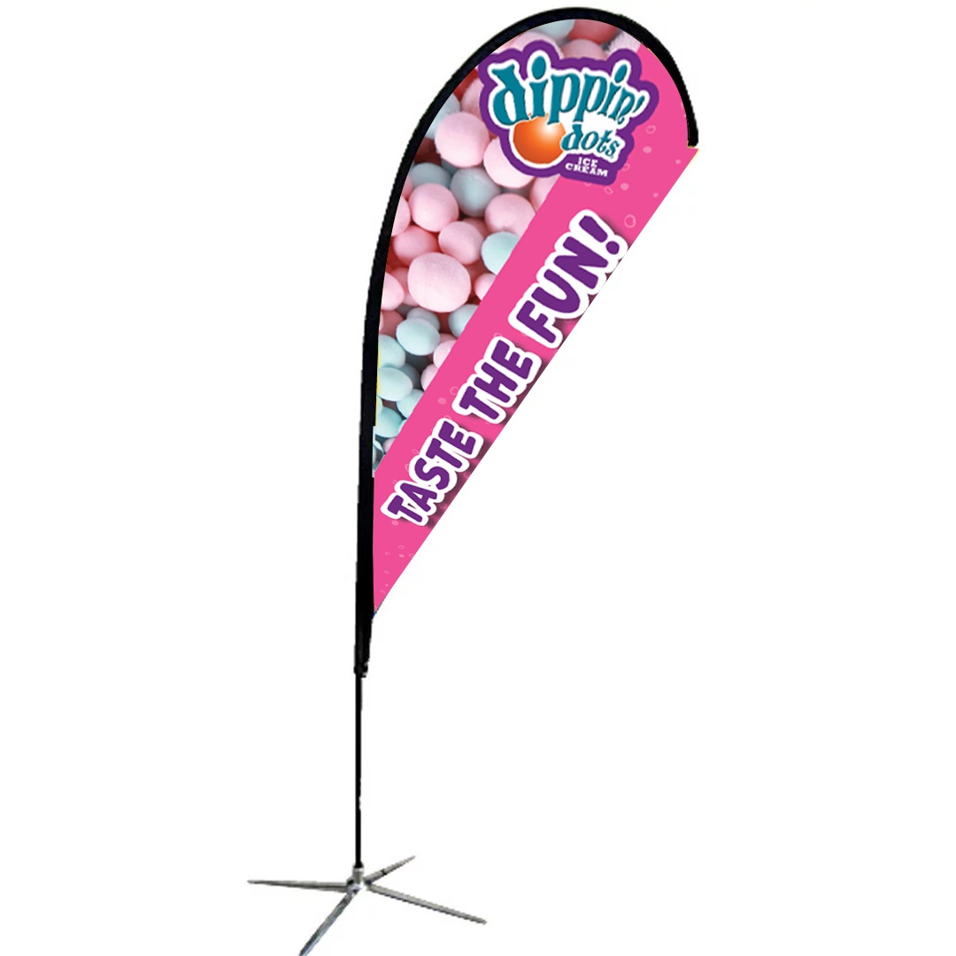 Teardrop banner with Dippin' Dots branding and colorful design