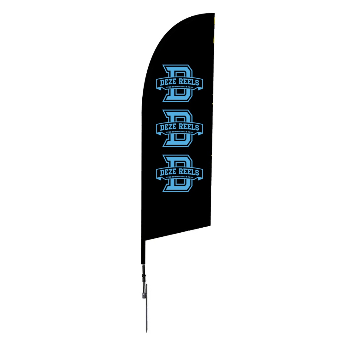 7ft angled feather flag with spike base for outdoor brand visibility