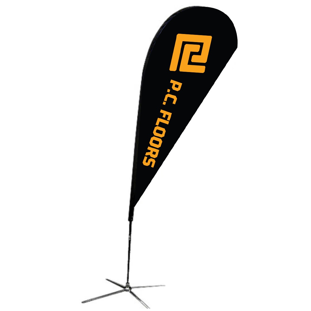 Black teardrop flag with orange “P.C. Floors” text and logo on cross base stand.