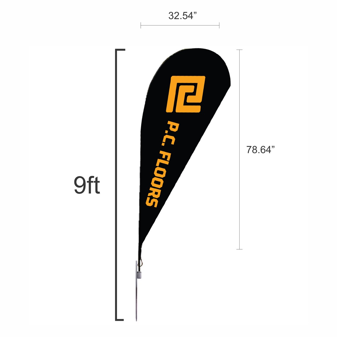 Black teardrop flag with orange “P.C. Floors” text and logo on cross base stand.