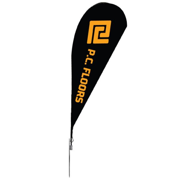Custom teardrop banner displaying “P.C. Floors” in bold orange on black fabric.