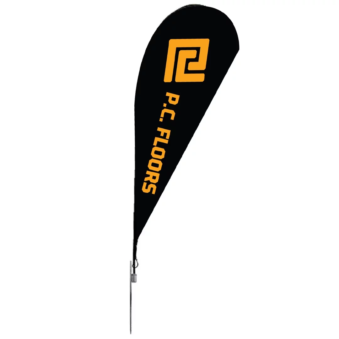 Custom teardrop banner displaying “P.C. Floors” in bold orange on black fabric.