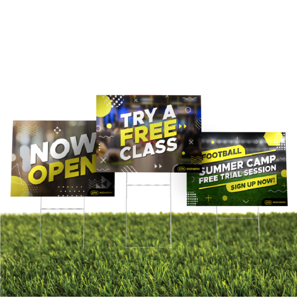 Custom coroplast yard sign on a grassy lawn with metal stake