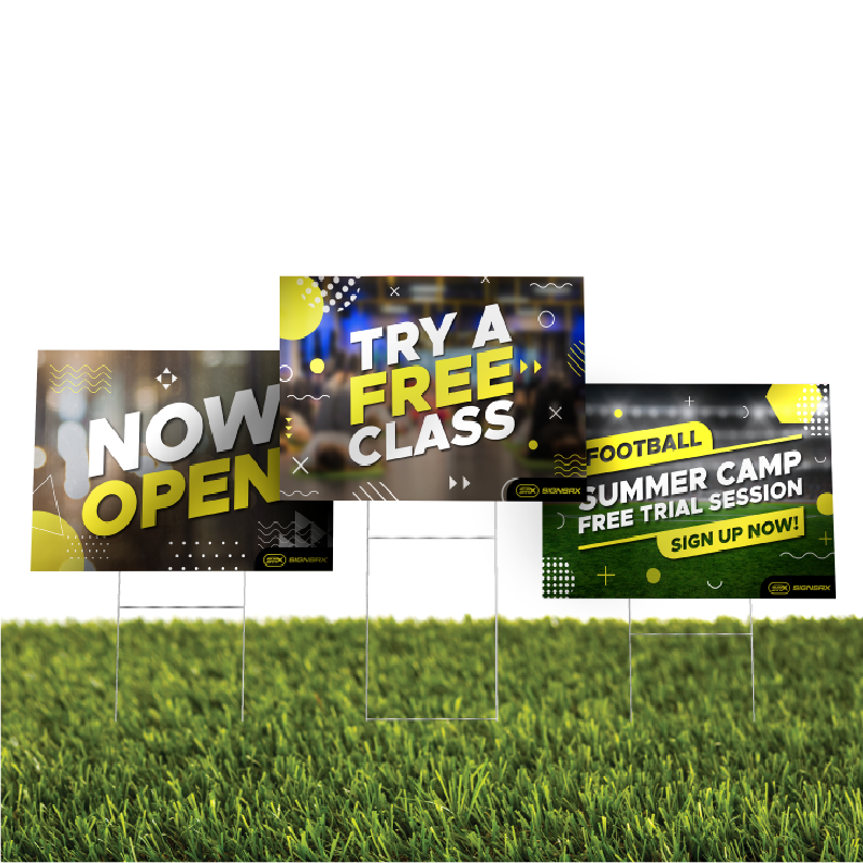 Custom coroplast yard sign on a grassy lawn with metal stake