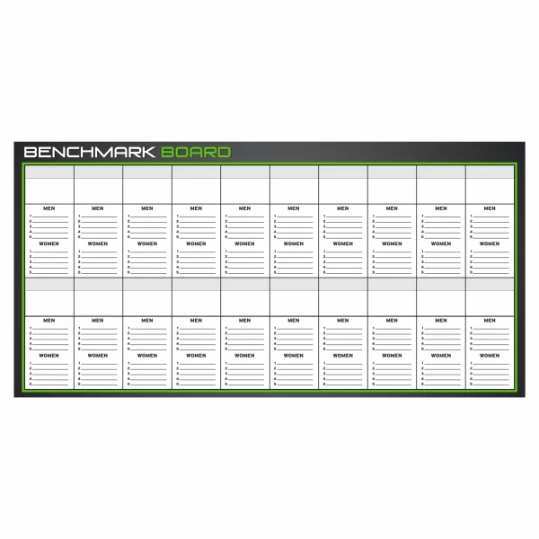 Custom benchmark dry erase board for tracking CrossFit workouts and PRs