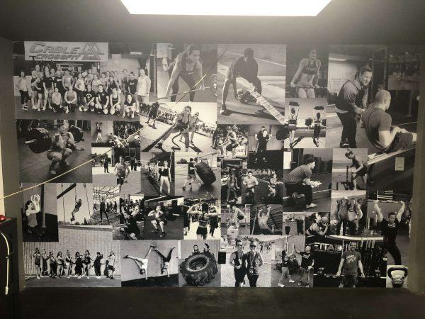 Collage wall of CrossFit athletes training, lifting, and celebrating together.