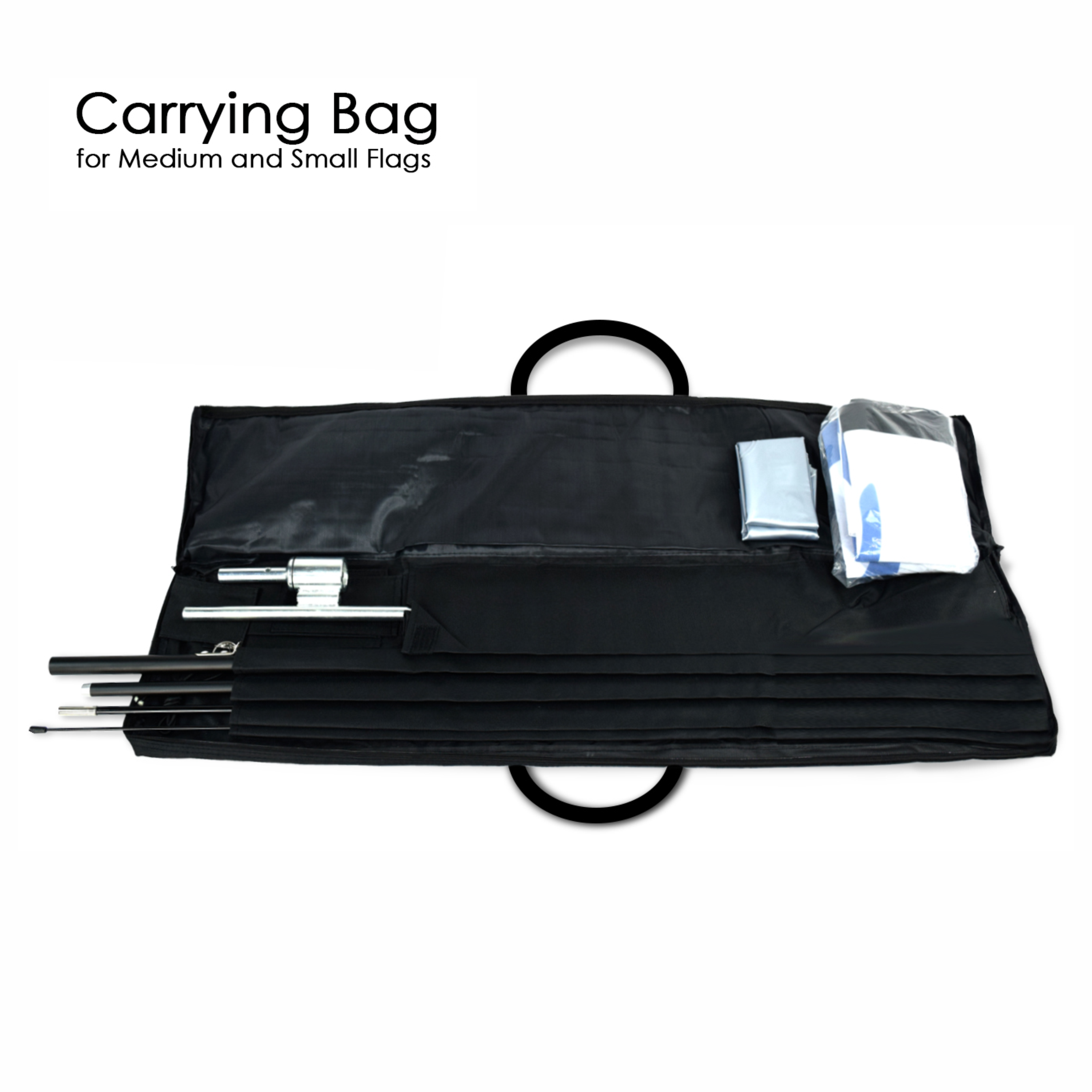 Carrying bag for small and medium teardrop flags with compartments
