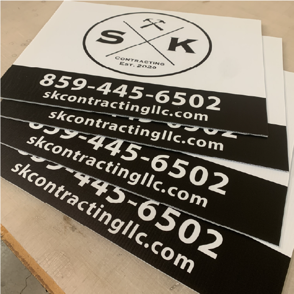 Full-color printed coroplast sign with bold promotional text