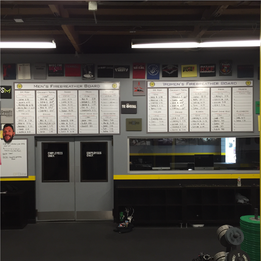 CrossFit gym dry erase boards tracking men’s and women’s performance
