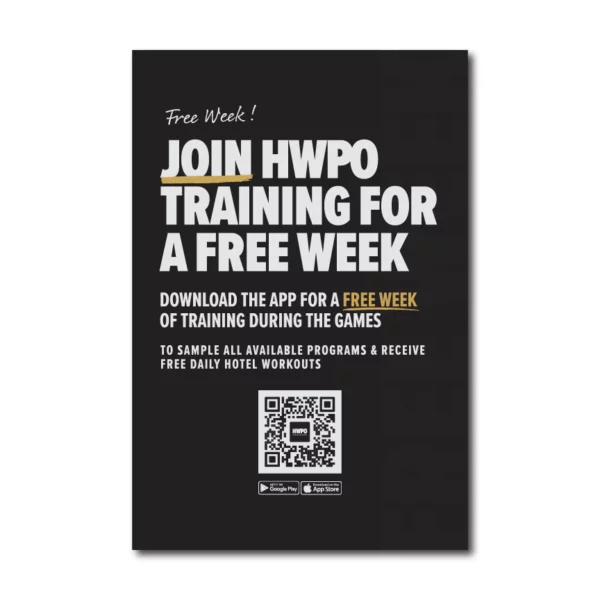 HWPO poster offering a free week of training with QR code to download the app.