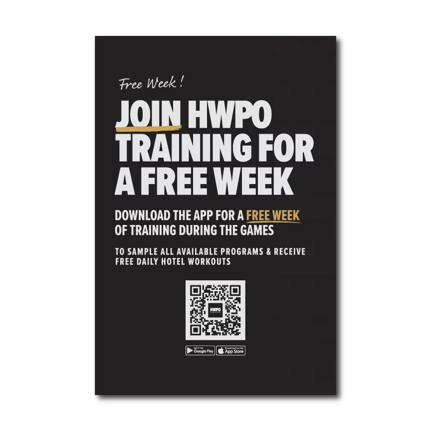 HWPO poster offering a free week of training with QR code to download the app.