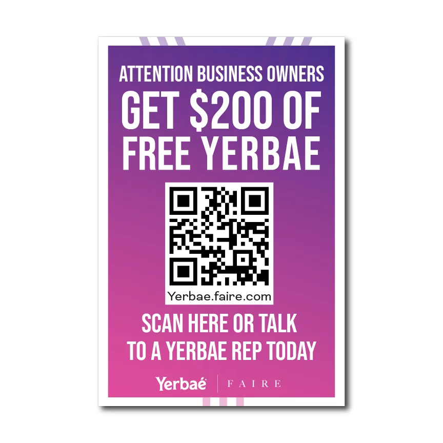 Purple Yerbae sign offering $200 of free product with a QR code for business owners.