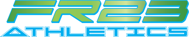 FR23 Athletics logo with futuristic green and blue gradient font