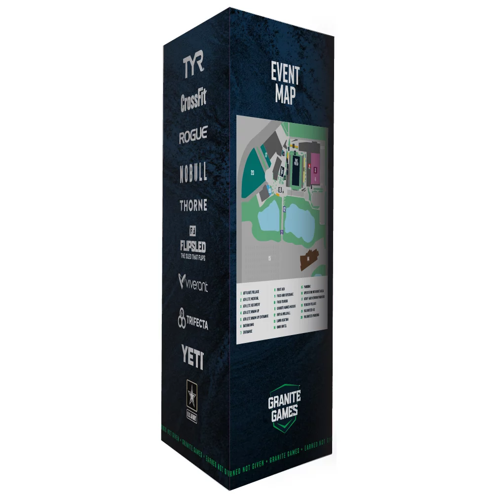 Tall freestanding fabric display tower with zippered graphic cover