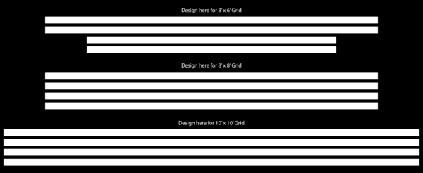 Black floor grid layout template showing 8’x6’, 8’x8’, and 10’x10’ labeled zones for gym decal placement