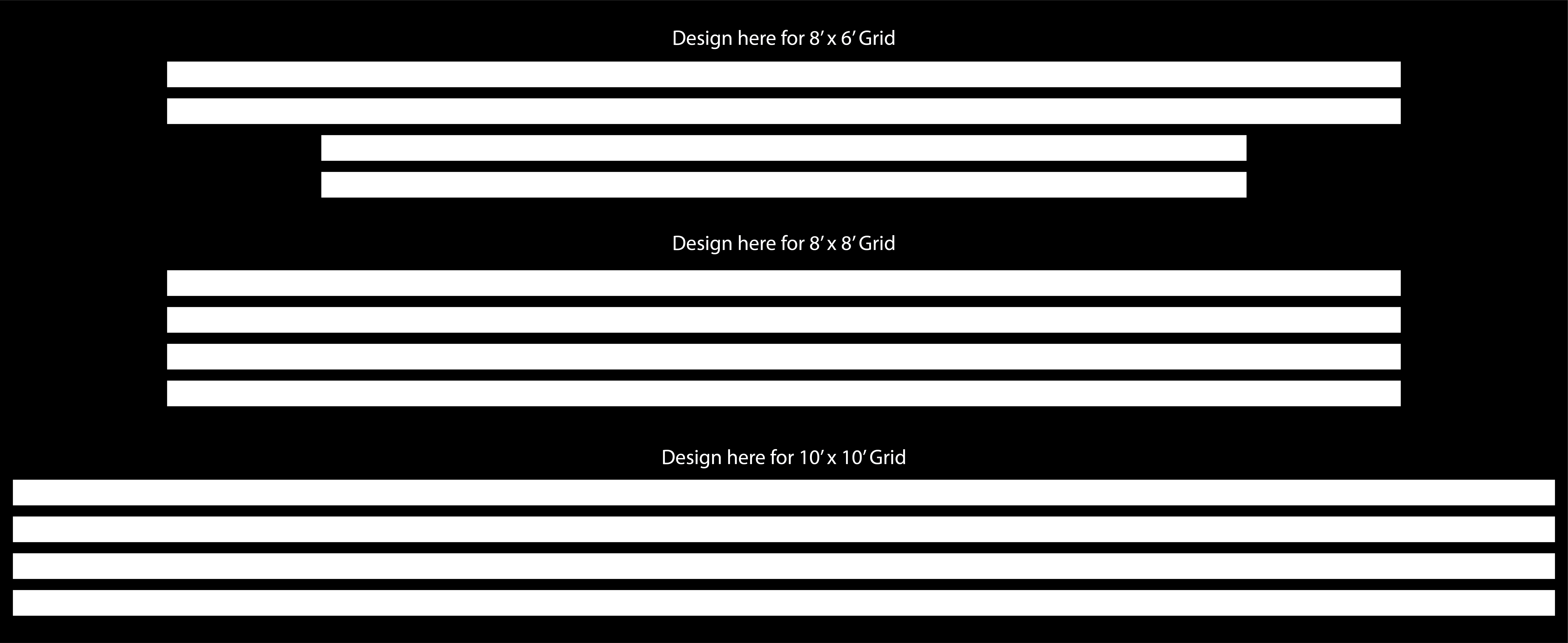 Black floor grid layout template showing 8’x6’, 8’x8’, and 10’x10’ labeled zones for gym decal placement