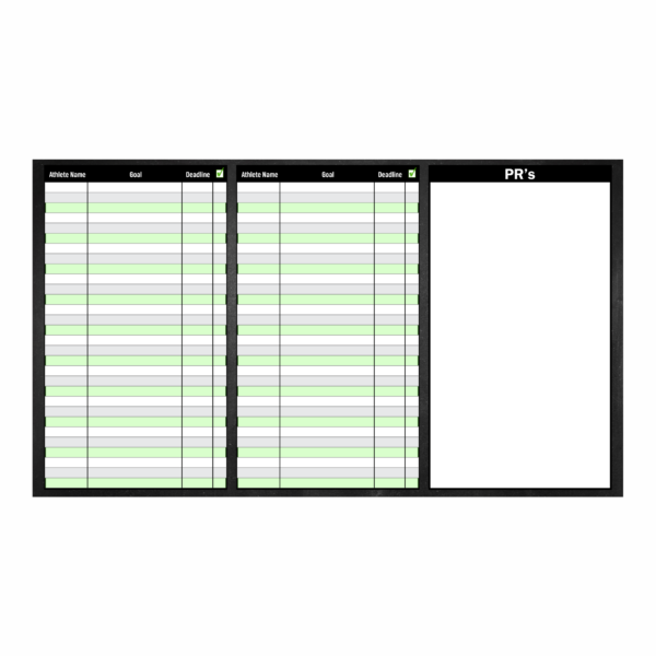 Custom dry erase board labeled for gym goal setting