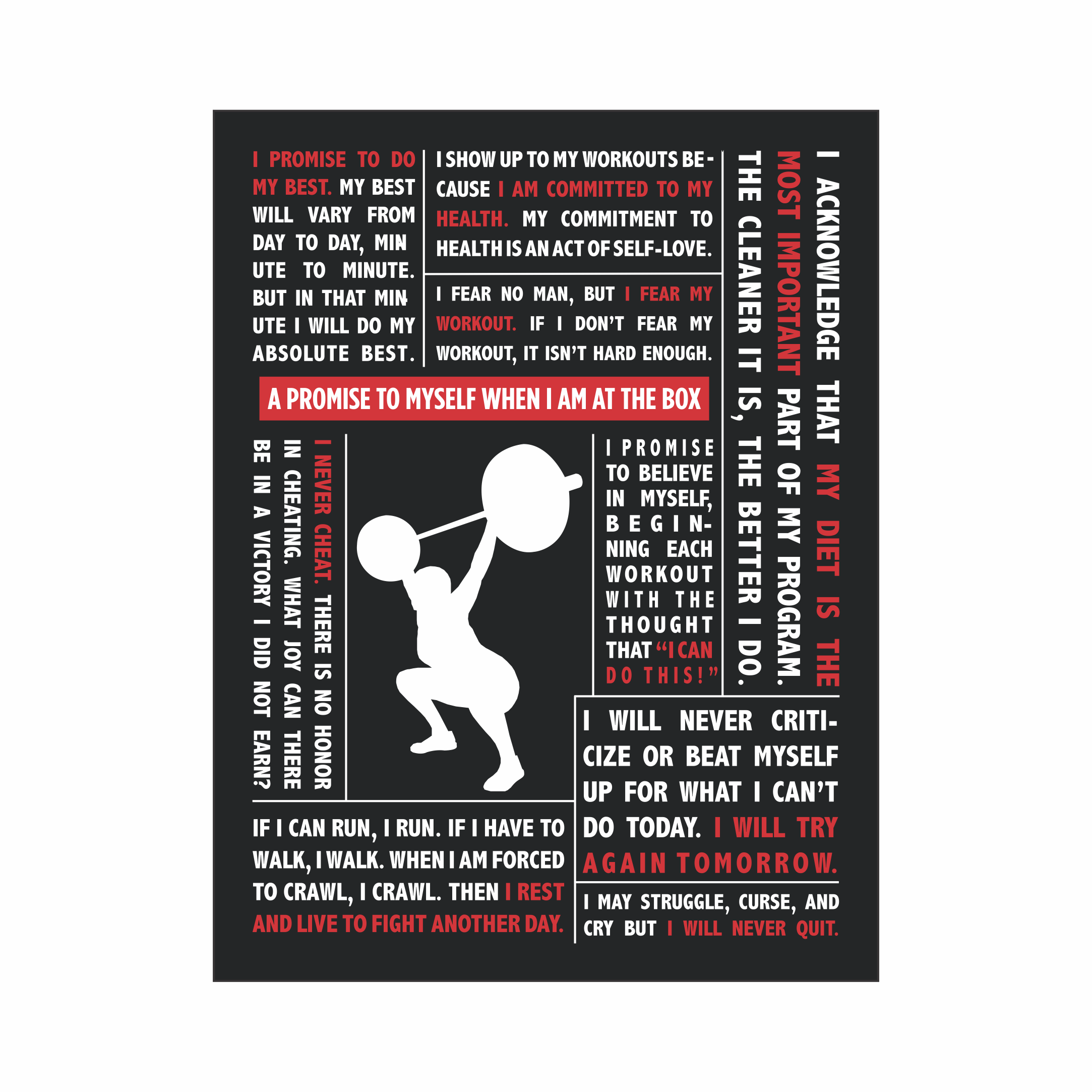 Wall-mounted gym promise sign listing community values and goals