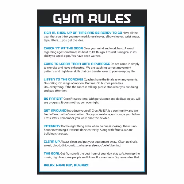 Gym rules board outlining safety and etiquette guidelines