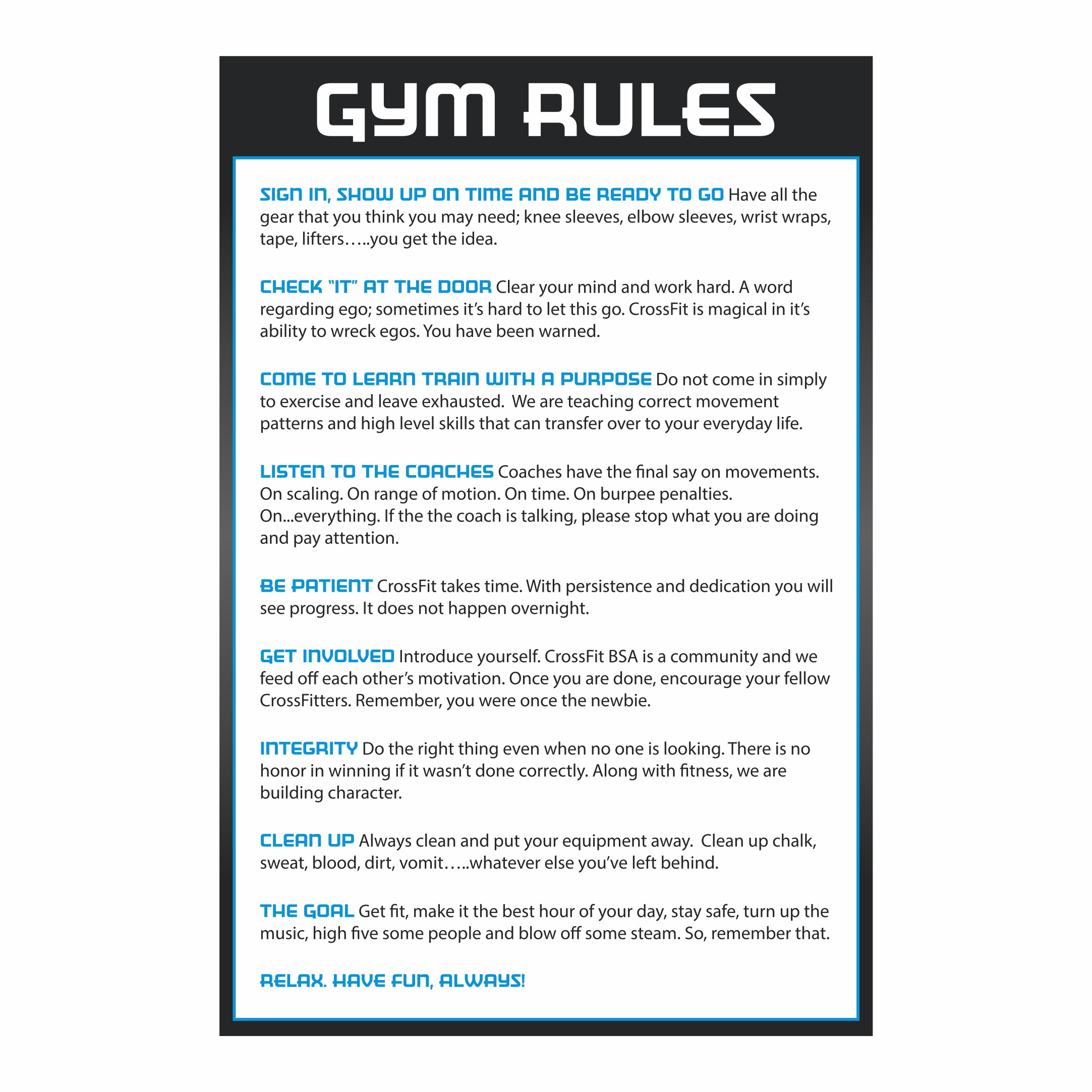 Gym rules board outlining safety and etiquette guidelines