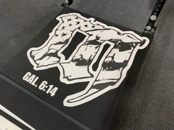 Custom platform decal of USA outline with American flag and “GAL. 6:14” scripture.