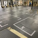Custom floor decal featuring patriotic USA graphic and Galatians 6:14 verse.
