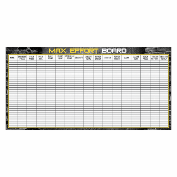 Custom whiteboard for CrossFit gyms with logo and max tracking