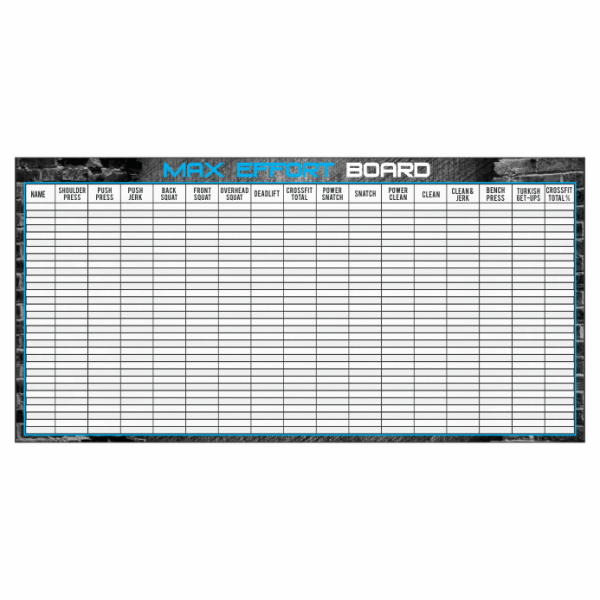 Custom whiteboard for CrossFit gyms with logo and max tracking