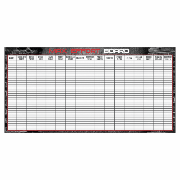 Custom whiteboard for CrossFit gyms with logo and max tracking