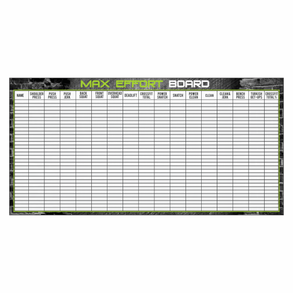 Custom whiteboard for CrossFit gyms with logo and max tracking