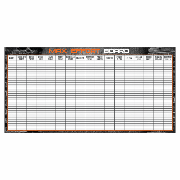Custom whiteboard for CrossFit gyms with logo and max tracking