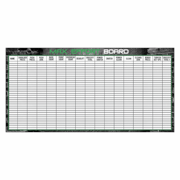 Custom whiteboard for CrossFit gyms with logo and max tracking